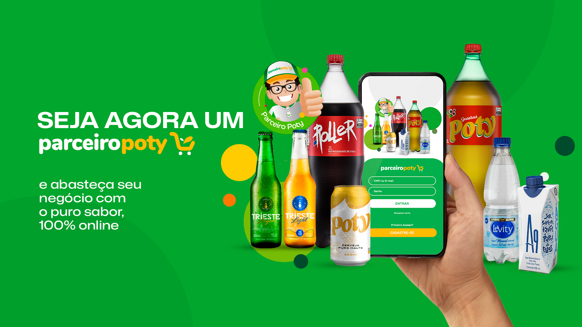 Banner, está escrito "Seja agora um Parceiro Poty e abasteça seu negócio com o puro sabor, 100% online."
